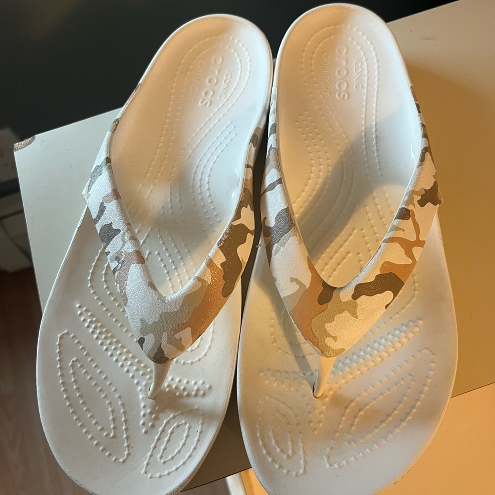 CROCS White and Tan Sandals